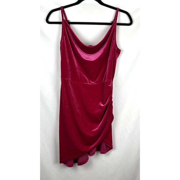 DOUBLE CRAZY Dresses & Skirts - DOUBLE CRAZY Velvet Mini Dress Size M Fuchsia Pink Ruched Cowl Neck Asymmetrical
